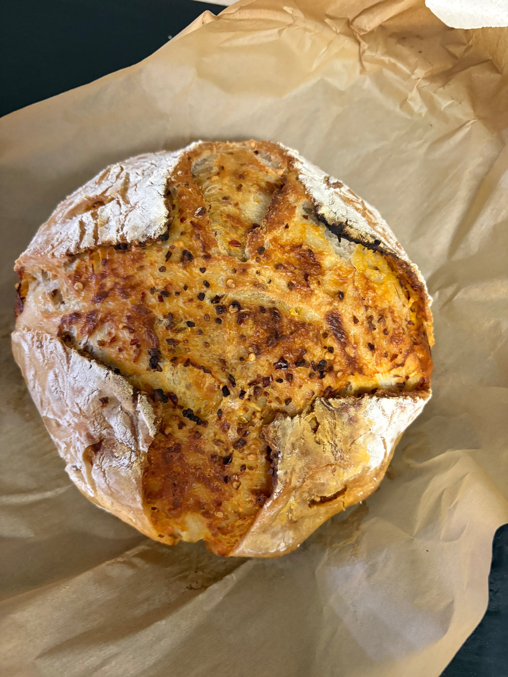 Chile, Cheddar, and Garlic Sourdough Loaf